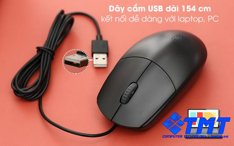 Chuột Có Dây Rapoo N100 Đen - Đầu cắm USB, dây dài 154 cm
